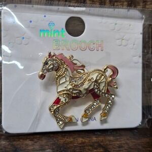 Pink & White Enamel, Mint Colorful Crystal Horse Brooch